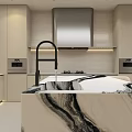 Stylish Modern Beige Kitchen With Built In Appliances Marble Island And Cozy Dining Space