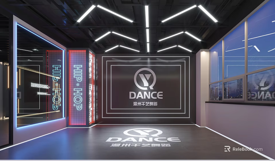 Modern Dance Ballroom Interior With Neon Lighting Hip Hop Elements And Dance Logo On Floor 3d model 