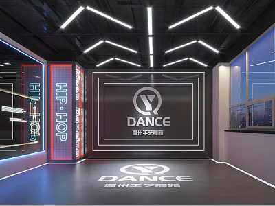 Modern Dance Ballroom Interior With Neon Lighting Hip Hop Elements And Dance Logo On Floor 3d model