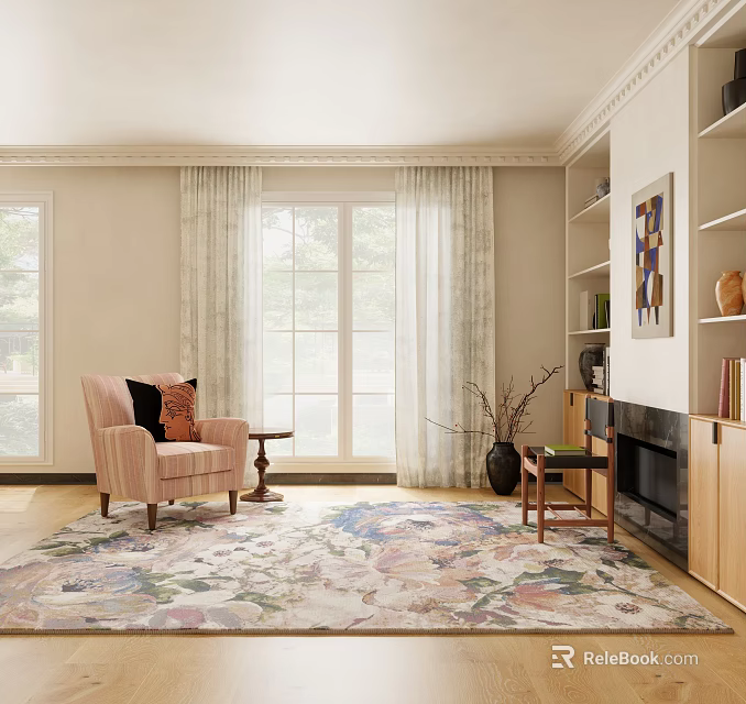 Living Room Square Area Rug With Colorful Floral Pattern Pink Armchair Side Table Bookshelves Fireplace 3d model 