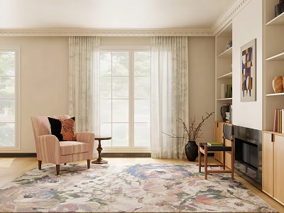 Living Room Square Area Rug With Colorful Floral Pattern Pink Armchair Side Table Bookshelves Fireplace 3d model