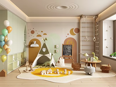 Colorful Kids Playroom Interior With Teepee Tent Toys Balloons And Climbing Rings 3d model