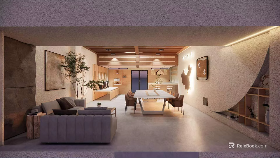 Modern Public Office Space Interior Design With Gray Sofa Dining Table And Wall Art 3d model 