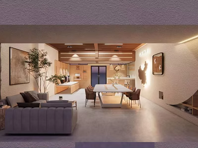 Modern Public Office Space Interior Design With Gray Sofa Dining Table And Wall Art 3d model