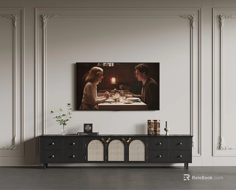 Elegant Room Interior With Wall Painting Of Two People At Dining Table And Black Cabinet 3d model 