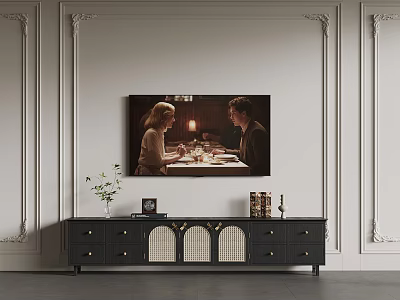 Elegant Room Interior With Wall Painting Of Two People At Dining Table And Black Cabinet 3d model