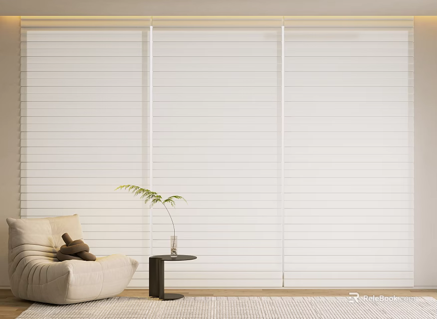 White Louvered Wardrobe in Modern Room with Beige Sofa Small Coffee Table Plant and Rug 3d model 