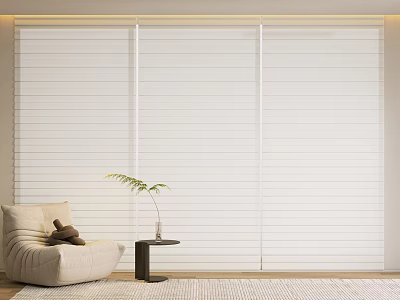 White Louvered Wardrobe in Modern Room with Beige Sofa Small Coffee Table Plant and Rug 3d model
