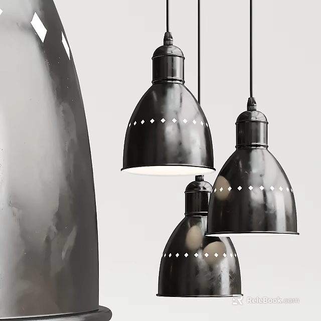Three Black Metal Dome Shaped Pendant Lights With White Dot Patterns 3d model 