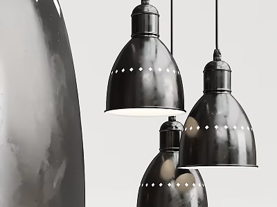 Three Black Metal Dome Shaped Pendant Lights With White Dot Patterns 3d model
