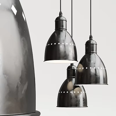 Three Black Metal Dome Shaped Pendant Lights With White Dot Patterns 3d model
