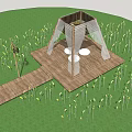 Wooden Frame Tent With Transparent Curtains On Wooden Platform In Grassland With Yellow Plants