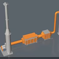 Industrial Equipment System with White Chimney Orange Pipes and Processing Units