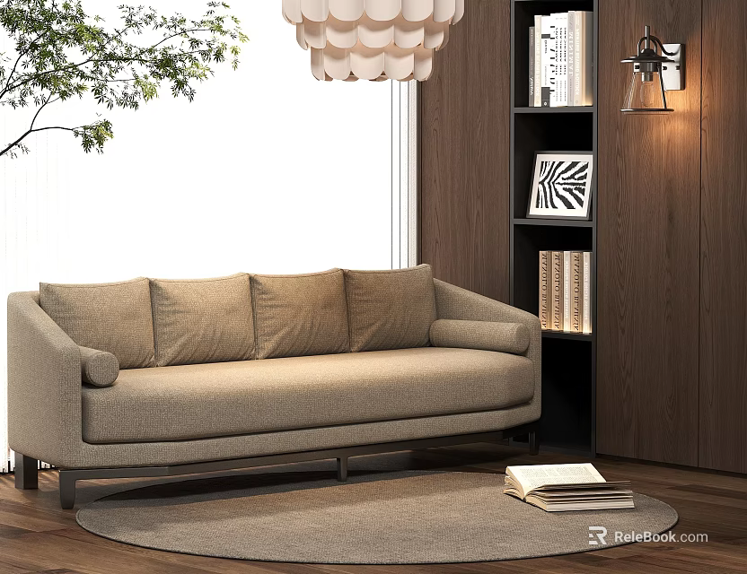 Modern Beige Linen Two Seater Sofa With Round Rug And Wooden Bookshelf 3d model 