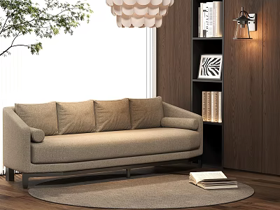Modern Beige Linen Two Seater Sofa With Round Rug And Wooden Bookshelf 3d model