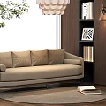 Modern Beige Linen Two Seater Sofa With Round Rug And Wooden Bookshelf