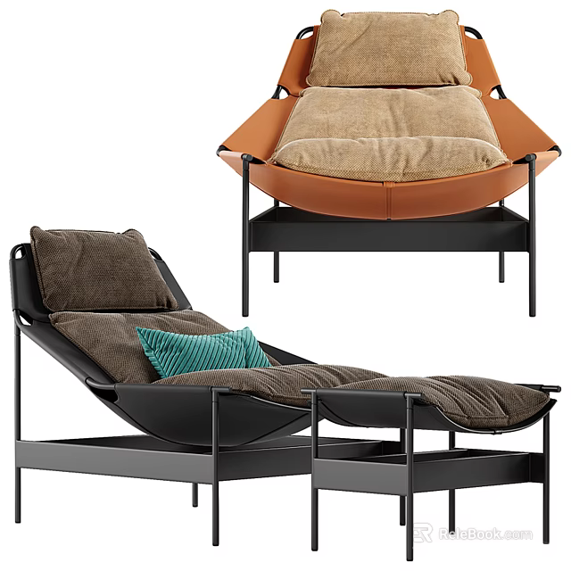 Modern Lounge Chair With Black Metal Frame Brown Orange Cushions And Tray Base 3d model 