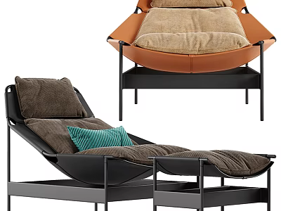 Modern Lounge Chair With Black Metal Frame Brown Orange Cushions And Tray Base 3d model