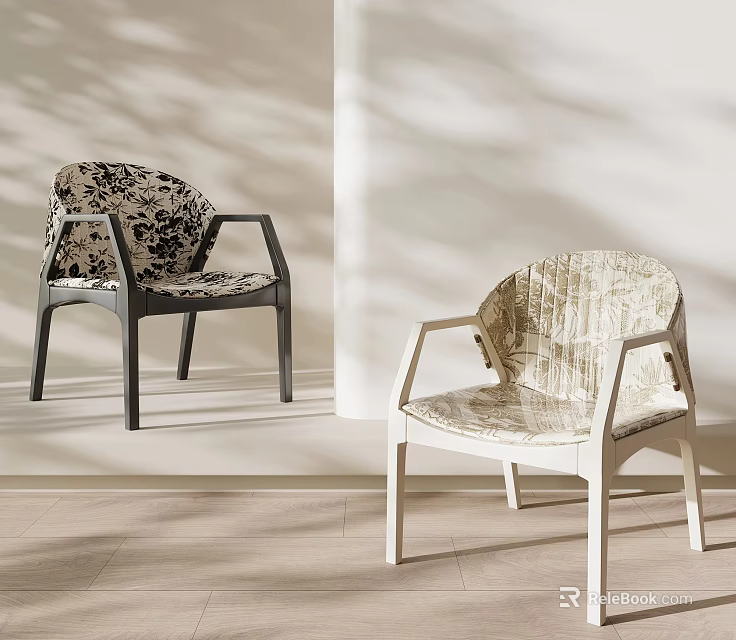 Two Stylish Floral Fabric Upholstered Leisure Arm Chairs For Warm Minimalist Home Living Space 3d model 