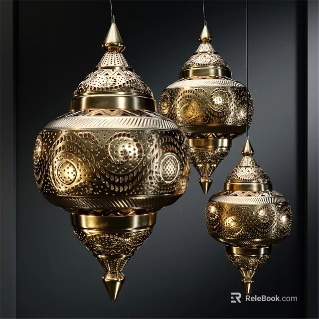 Three Ornate Golden Traditional Chandeliers With Intricate Cutout Patterns And Design 3d model 