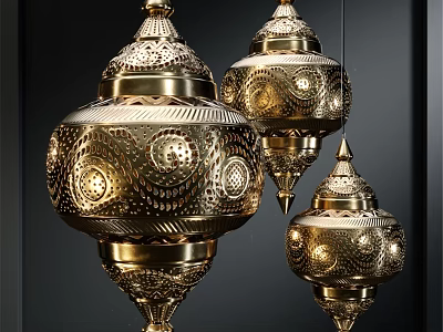 Three Ornate Golden Traditional Chandeliers With Intricate Cutout Patterns And Design 3d model