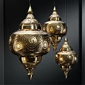 Three Ornate Golden Traditional Chandeliers With Intricate Cutout Patterns And Design