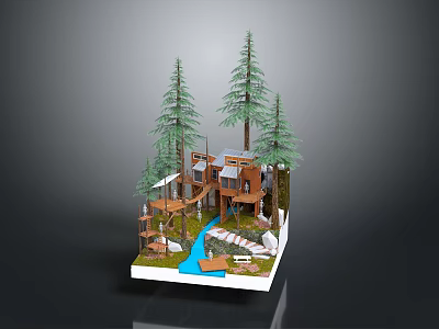 Detailed Treehouse Model With Pine Trees Wooden Platform And Stream 3d model