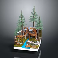 Detailed Treehouse Model With Pine Trees Wooden Platform And Stream