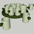 Light Green Ceramic Teapot And Mugs With Small Handles On Tray 3d model