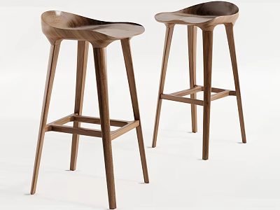 Modern Wooden Bar Stools With Curved Seat And Slim Legs Design 3d model