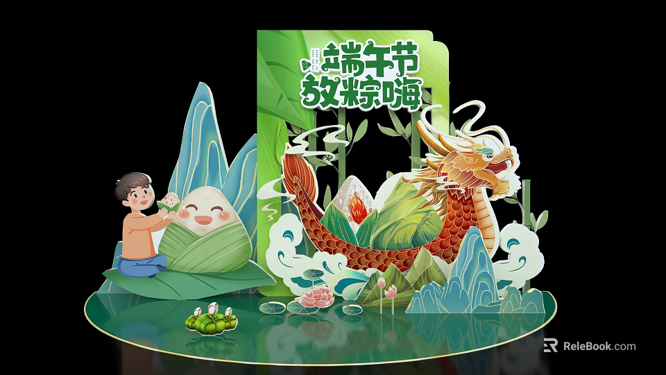 Joyful Dragon Boat Festival Scene With Child Zongzi Dragon And Lotus Elements 3d model 
