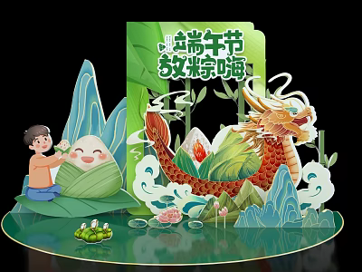 Joyful Dragon Boat Festival Scene With Child Zongzi Dragon And Lotus Elements 3d model