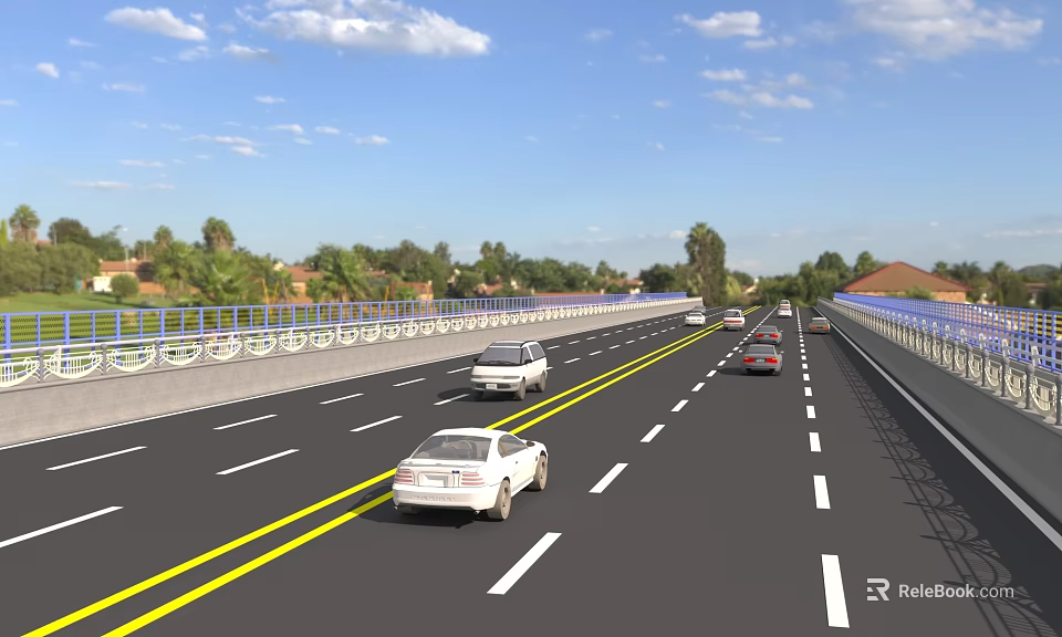 Modern Road Infrastructure with Multiple Lanes Yellow Dividing Lines Guardrails and Vehicles on Urban Highway 3d model 