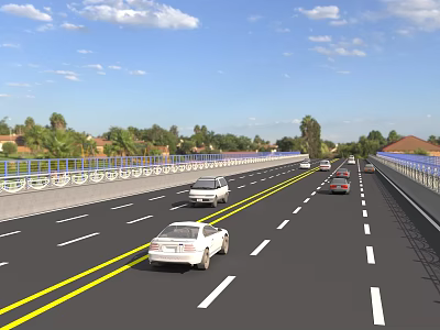 Modern Road Infrastructure with Multiple Lanes Yellow Dividing Lines Guardrails and Vehicles on Urban Highway 3d model