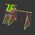 Wooden Children's Playground Structure With Green Slide Red Swing And Climbing Net