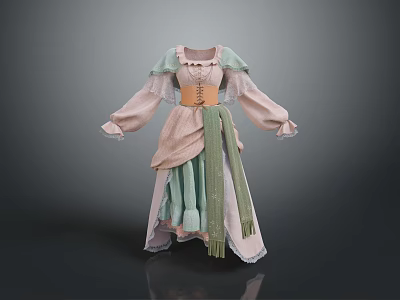 Medieval Style Light Green Pink Dress With Brown Corset Flowy Sleeves And Layered Skirt 3d model