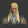 Elven Warrior Character With Golden Long Hair Blue Gold Armor Decorative Shoulders And Forehead Accessory