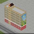 Multi Story School Building With Yellow Red Exterior Windows Red Roof Mural And Green Lawn