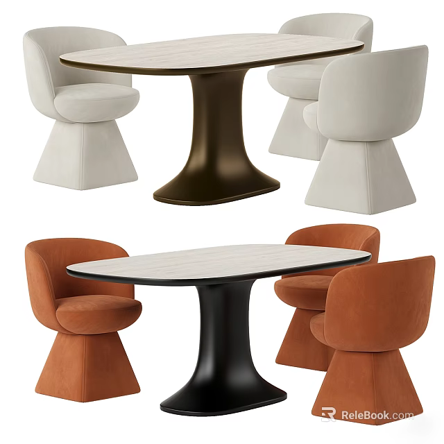 Modern Dining Table With Light Top Dark Legs And Upholstered White Orange Chairs 3d model 