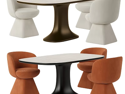 Modern Dining Table With Light Top Dark Legs And Upholstered White Orange Chairs 3d model