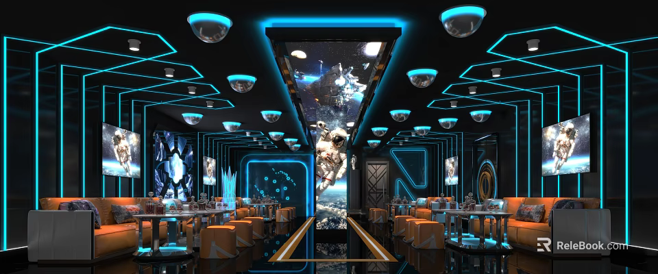 Modern KTV Interior Design With Blue Neon Lights Starry Ceiling And Comfortable Sofa Seats 3d model 