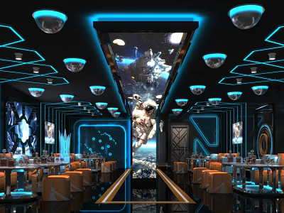 Modern KTV Interior Design With Blue Neon Lights Starry Ceiling And Comfortable Sofa Seats 3d model