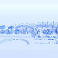 Blue Urban City Architecture Model With Various Buildings Bridges And Roads
