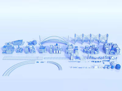 Blue Urban City Architecture Model With Various Buildings Bridges And Roads 3d model