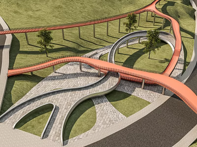 Park Landscape with Curved Paved Walkways Orange Bridges Green Lawns and Trees 3d model