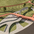 Park Landscape with Curved Paved Walkways Orange Bridges Green Lawns and Trees