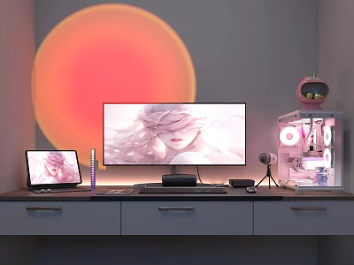 Modern Gaming Computer Setup With Anime Wallpaper Monitor Tablet RGB Case And LED Light 3d model