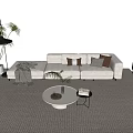 Modern Beige Sofa and White Round Coffee Table Set with Multiple Pillows and Floor Lamp 3d model