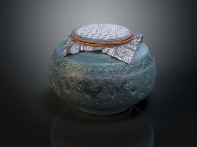 Blue Green Ceramic Jar With Carved Patterns And Lid Featuring Patterned Fabric Brown Trim 3d model