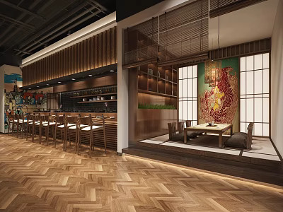 Japanese Style Restaurant With Herringbone Wooden Flooring Counter Stools Traditional Window Decorative Painting Warm Lighting 3d model